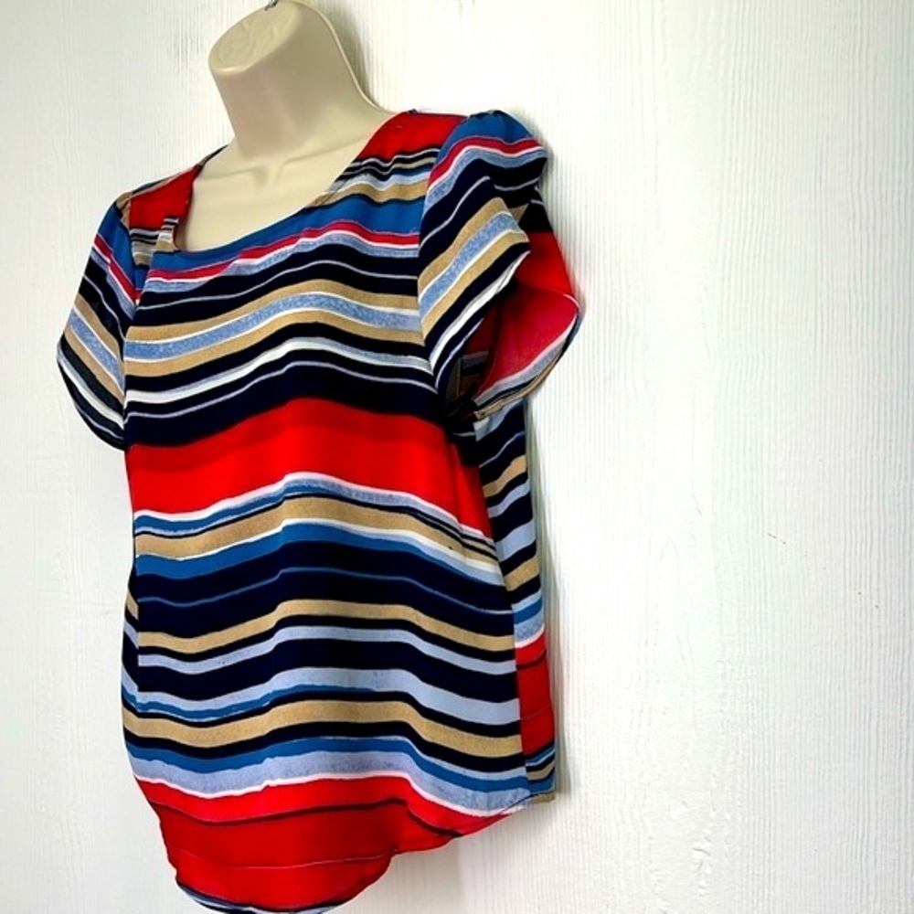 DKNY - Colorful Striped Crewneck Split Flutter Short Sleeve Blouse Size P Xl - Picture 5 of 10